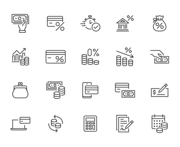 Money loan line icon set. Credit score, low interest, discount card, mortgage percent, tax minimal vector illustration. Simple outline signs for bank application. Pixel Perfect, Editable Strokes Money loan line icon set. Credit score, low interest, discount card, mortgage percent, tax minimal vector illustration. Simple outline signs for bank application. Pixel Perfect, Editable Strokes. employment issues business currency making money stock illustrations