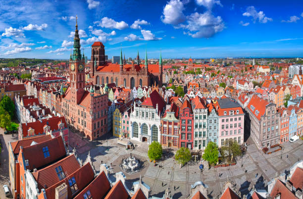 Aerial view of the old town in Gdansk with amazing architecture, Poland Aerial panorama of the old town in Gdansk with amazing architecture at summer,  Poland gdansk stock pictures, royalty-free photos & images