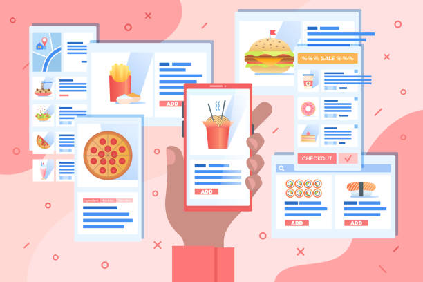 istock Online food delivery by smartphone. Meal from restaurant by mobile app. Client holds smartphone in hand and chooses what to eat for lunch - pizza, sushi or wok for lunch - web screens around 1251296005