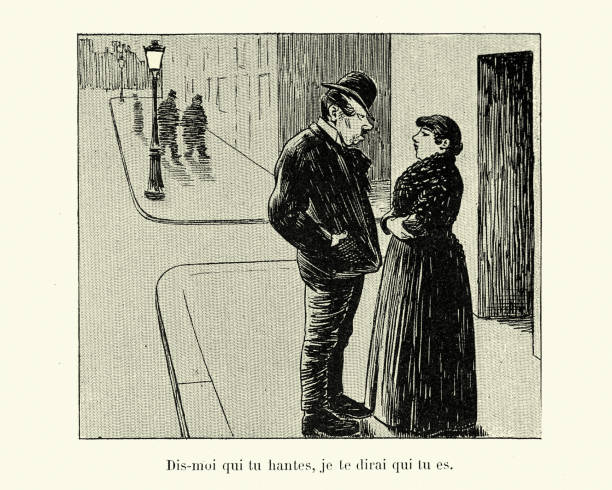 Mature couple talking in the street, Victorian french cartoon Victorian french cartoon by Henry Gerbault, 1890s, 19th Century. Dis-moi qui tu hantes, je te dirair qui tu es. (Tell me who you haunt, I'll tell you who you are. OR you're known by the company you keep) pimp stock illustrations