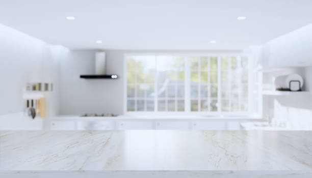 istock 3d rendering of marble counter product display with kitchen blurred background. 1251299386