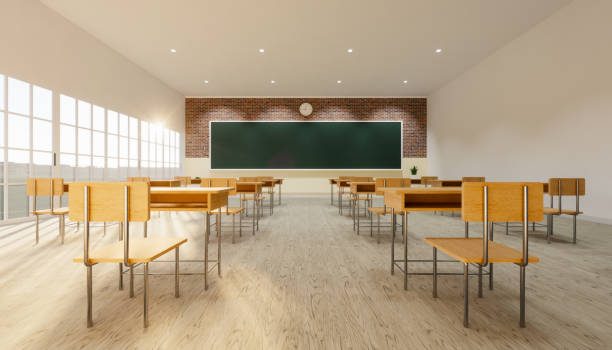 istock 3d rendering of new normal classroom interior and spacing tables and chairs to prevent the spread of the covid-19 virus on wood floor and empty green board background. 1251300621
