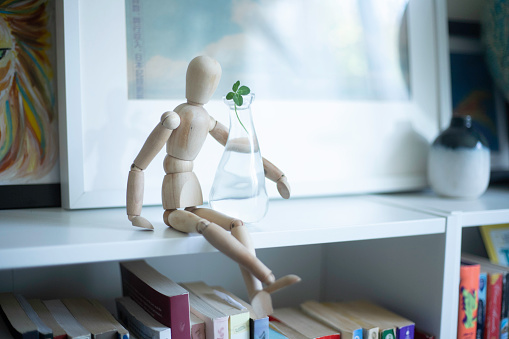 A wooden man looking at a Four-Leaf Clover while siting on a bookshelf asking for it to bring him luck