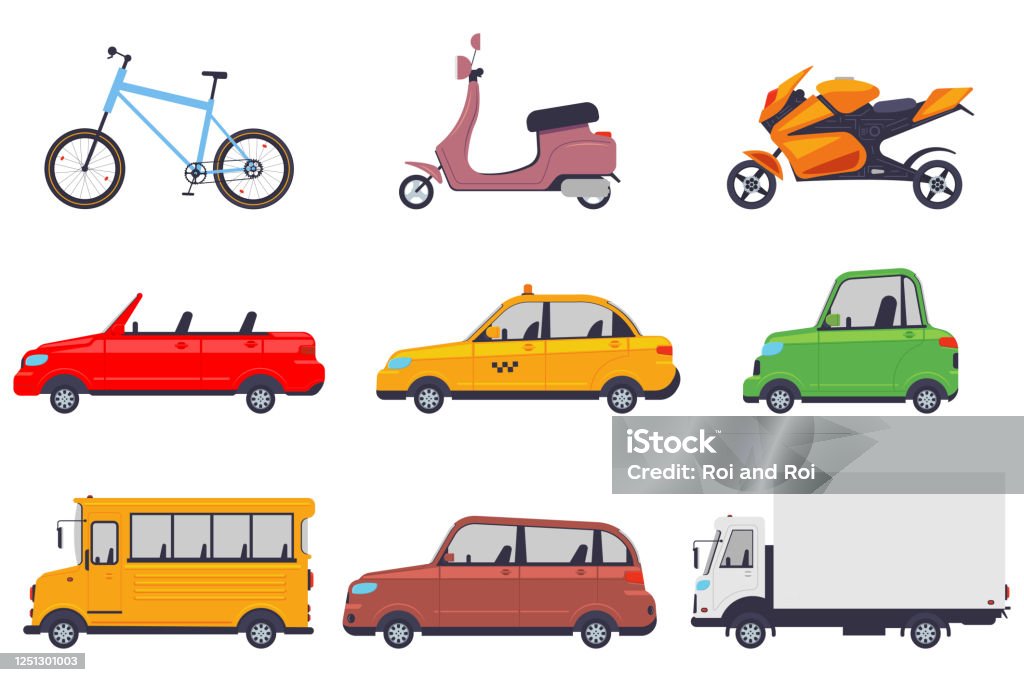 Car Truck School Bus Bike Moped And Motorcycle Vector Cartoon Set Isolated  On A White Background Stock Illustration - Download Image Now - iStock