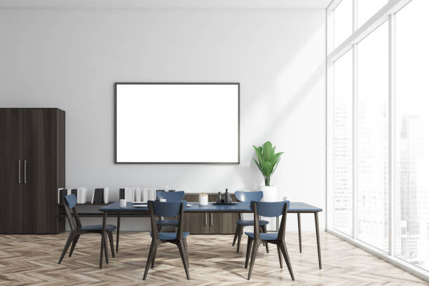 istock White and wood dining room, bookshelf and poster 1251301221