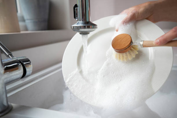 mujer lavando en casa usando el cepillo desaliñado para un estilo de vida sostenible - lavar los platos fotografías e imágenes de stock