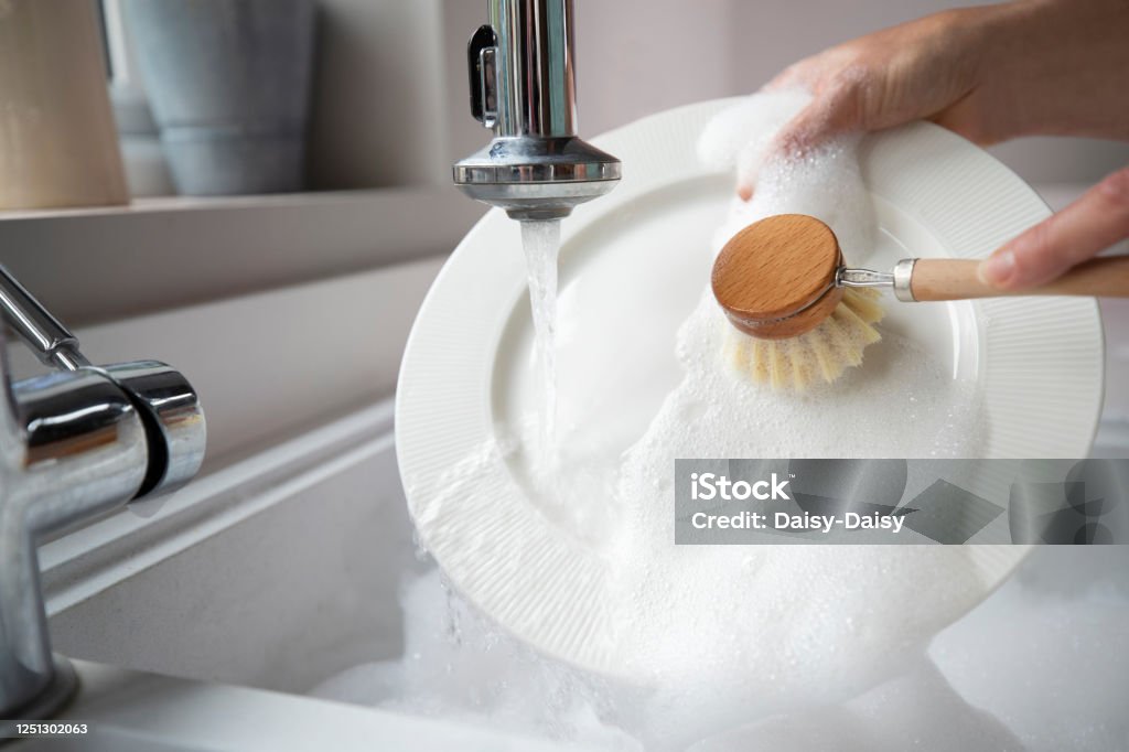 margen attribut at straffe Woman Washing Up At Home Using Eco Dish Brush For Sustainable Lifestyle  Stock Photo - Download Image Now - iStock