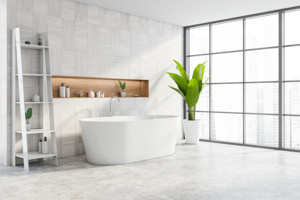 istock White wooden bathroom corner with tub 1251302369