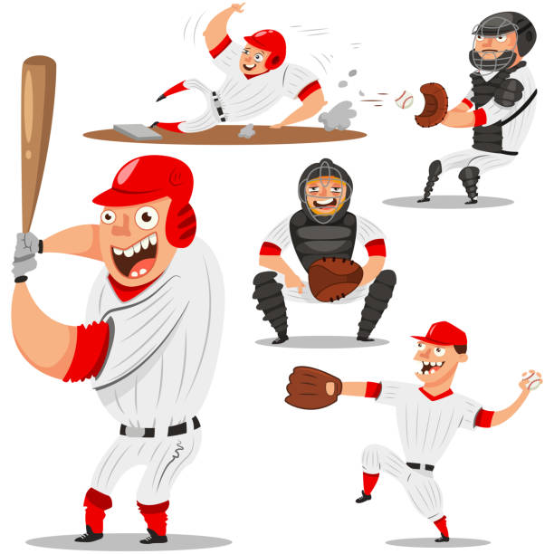 ilustrações de stock, clip art, desenhos animados e ícones de baseball team players vector character set. pitcher, catcher, batter, runner and shortstop. sportsmans in sportswear isolated on white background. - baseball pitcher small sports league