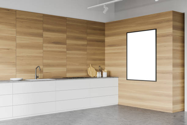 istock Wooden kitchen corner with countertops and poster 1251303890