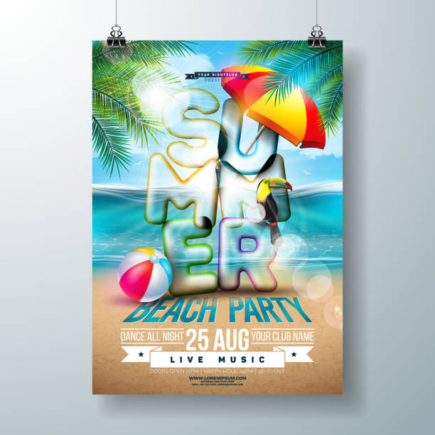 istock Vector Summer Beach Party Flyer Design with 3d Typography Letter and Tropical Palm Leaves on Ocean Landscape Background. Summer Vacation Holiday Design Template with Toucan Bird, Beach Ball and Sunshade for Banner, Flyer, Invitation or Celebration Poster. 1251304065