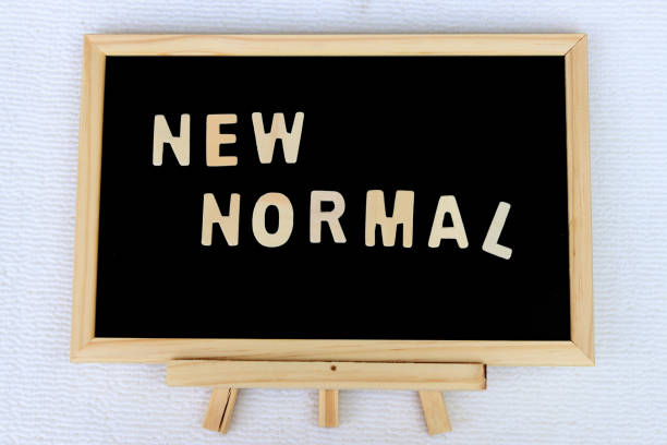 istock NEW NORMAL word on wooden chalkboard menu stand on white background. 1251304258