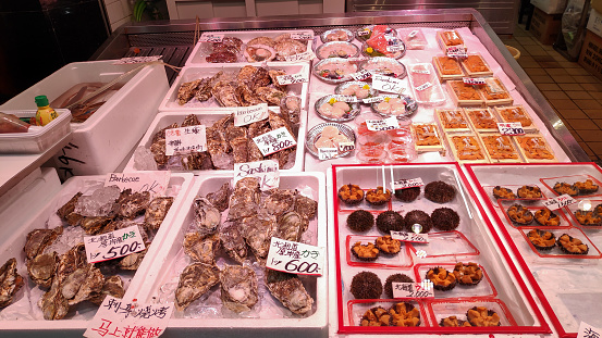 Osaka, Japan- 28 Nov, 2019: Seafood display with a variety of seafood and affordable price front of retail store in Osaka fresh market.