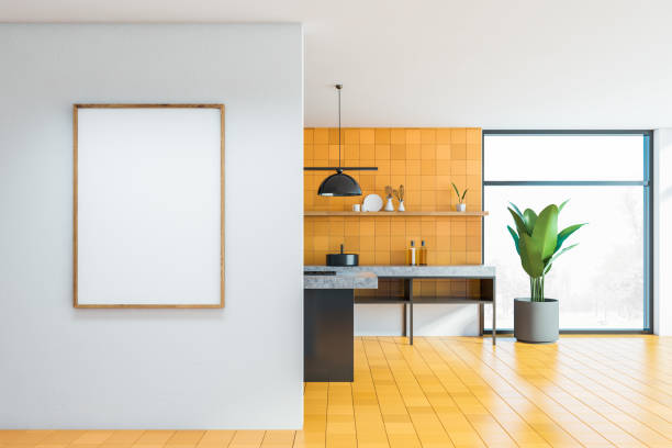 istock Yellow tile kitchen interior with sink and poster 1251304554
