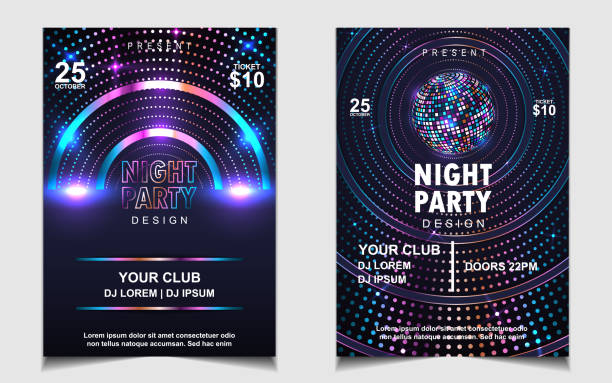 Night dance party music poster flyer layout design template background with neon light and dynamic style. Colorful electro style vector for concert disco, club party, event invitation, cover festival dj stock illustrations