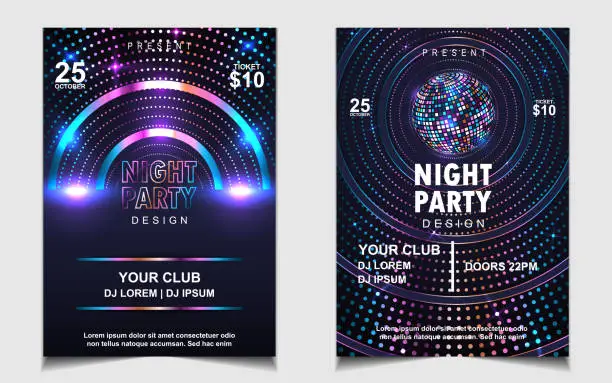 Vector illustration of Night dance party music poster flyer layout design template background with neon light and dynamic style.