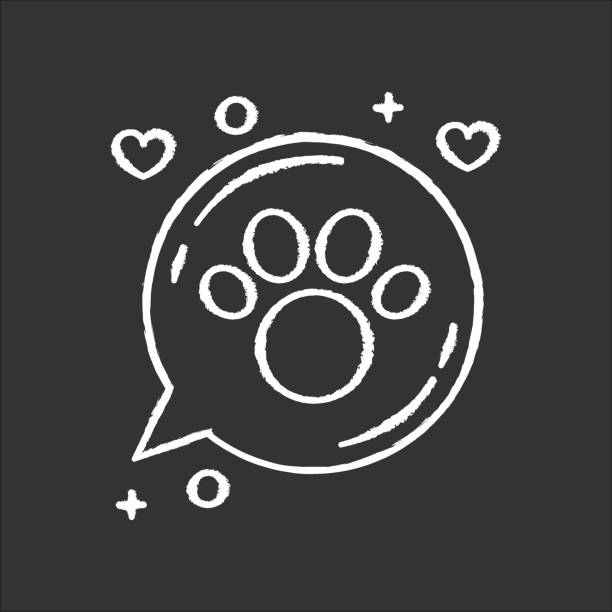 ilustrações de stock, clip art, desenhos animados e ícones de domestic animals friendly area chalk white icon on black background. doggy and kitty welcome, pets allowed zone, paw print in speech bubble. isolated vector chalkboard illustration - line art welcome sign white black