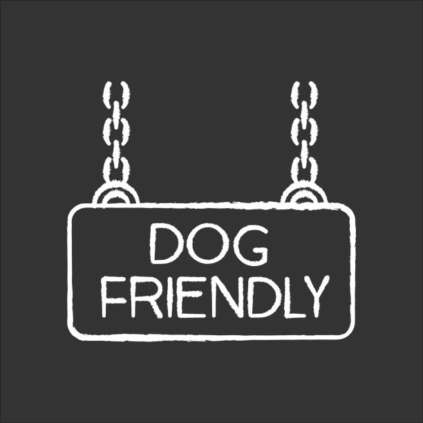 ilustrações de stock, clip art, desenhos animados e ícones de dog friendly territory chalk white icon on black background. doggy permitted zone, puppies welcome terrain. domestic animals allowed area chain hanging plate. isolated vector chalkboard illustration - line art welcome sign white black