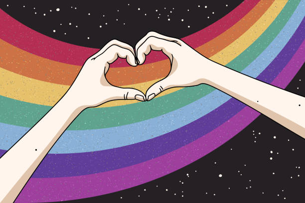 Heart shaped hands and rainbow in space Gay Pride. Romantic LGBT concept. Abstract vector colorful illustration for poster, t-shirt print, postcard cartoon of gay pride wallpapers stock illustrations