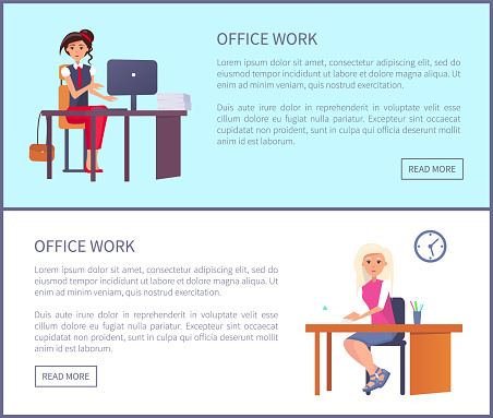 Office work page pretty women at workplace typing on computer,female sitting at table on chair, entrepreneur workers web online pages with push buttons