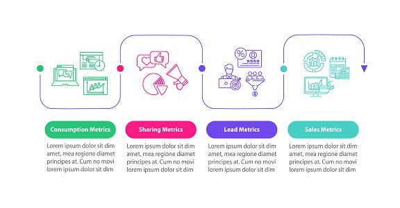 CRM efficiency metrics vector infographic template. Lead generation analysis presentation design elements. Data visualization with 4 steps. Process timeline chart. Workflow layout with linear icons