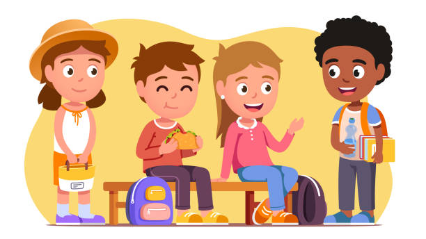 School Students Kids Boys Girls Sitting On Bench Eating Chatting Smiling  Schoolboys And Schoolgirls Children Cartoon Characters Having Break  Education And Friendship Flat Vector Illustration Stock Illustration -  Download Image Now - iStock