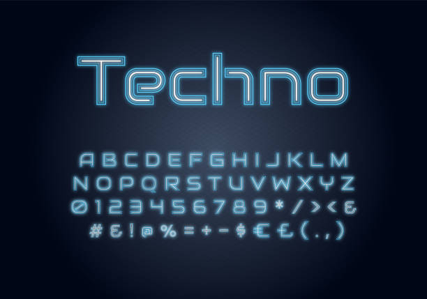 techno neon licht schriftvorlage. techno beleuchtetvektor alphabet gesetzt. helle großbuchstaben, zahlen und symbole mit äußerem leuchten. nightlife typografie. zeitgenössisches schriftdesign - dance and electronic blue shiny empty stock-grafiken, -clipart, -cartoons und -symbole