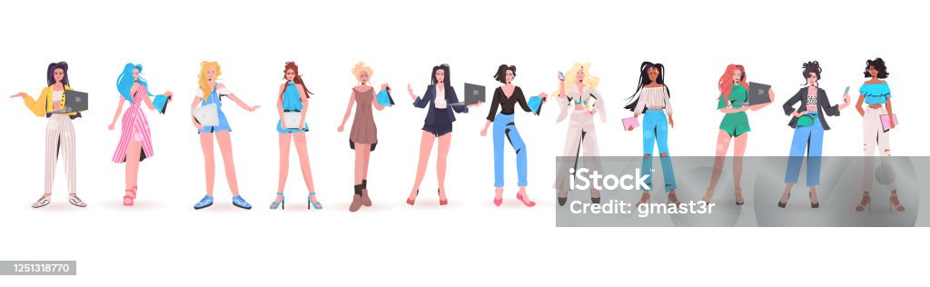 Set Mix Race Women Using Digital Devices Beautiful Girls In Trendy Clothes Female  Cartoon Characters Collection Stock Illustration - Download Image Now -  iStock