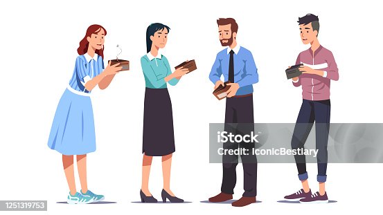 istock Poor broke men & women holding empty wallets set. Sad casual & business people have no money. Financial problems, crisis, unemployment, poverty, bankruptcy flat vector character illustration 1251319753