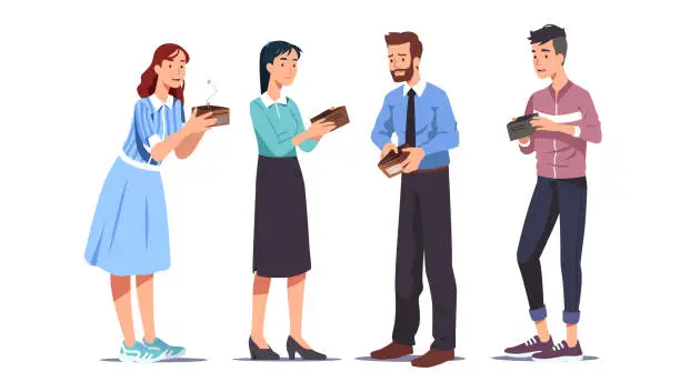 Vector illustration of Poor broke men & women holding empty wallets set. Sad casual & business people have no money. Financial problems, crisis, unemployment, poverty, bankruptcy flat vector character illustration