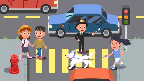 Man & woman couple, girl kid with dog walking crossing street on green traffic light. City road crosswalk. Smiling police officer controller directing traffic. Pedestrian safety flat vector illustration Man & woman couple, girl kid with dog walking crossing street on green traffic light. City road crosswalk. Smiling police officer controller directing traffic. Pedestrian safety flat  style vector isolated illustration traffic police stock illustrations