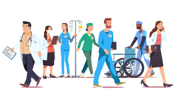 Different doctors staff walking & working in hospital or clinic. Therapists, physicians, general practitioners, nurses people. Medical workers jobs & health care professions. Flat vector illustration Different doctors staff walking & working in hospital or clinic. Therapists, physicians, general practitioners, nurses people. Medical workers jobs & health care professions. Flat style vector isolated illustration nurse clipart stock illustrations