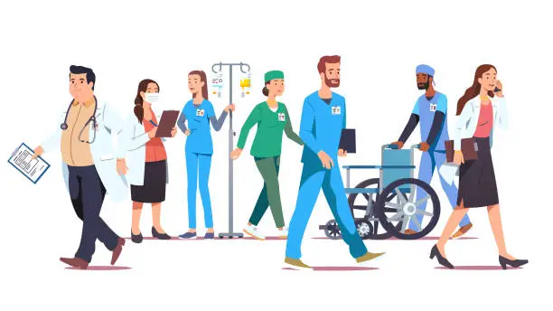 Vector illustration of Different doctors staff walking & working in hospital or clinic. Therapists, physicians, general practitioners, nurses people. Medical workers jobs & health care professions. Flat vector illustration