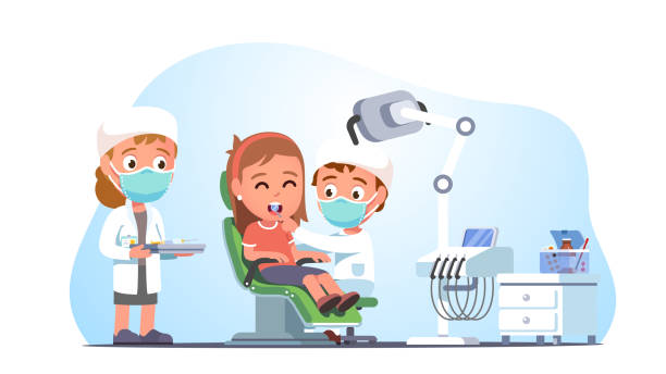 ilustrações de stock, clip art, desenhos animados e ícones de patient kid visiting dentist in dental hospital office for checkup to prevent caries. doctor & assistant examining person teeth in dentists clinic chair. dentistry health care flat vector illustration - dentist dentist office dentists chair cartoon