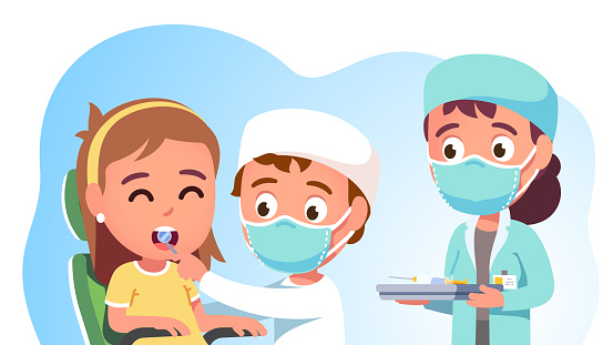 Ilustración de El Niño Paciente Que Visita Al Dentista En El Hospital  Dental Para Chequear Para Prevenir La Caries Médico Y Enfermera Asistente  Examinando Los Dientes De La Persona En La Silla