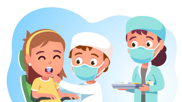 ilustrações de stock, clip art, desenhos animados e ícones de patient kid visiting dentist in dental hospital for checkup to prevent caries. doctor & assistant nurse examining person teeth in dentists clinic chair. dentistry health care flat vector illustration - dentist dentist office dentists chair cartoon