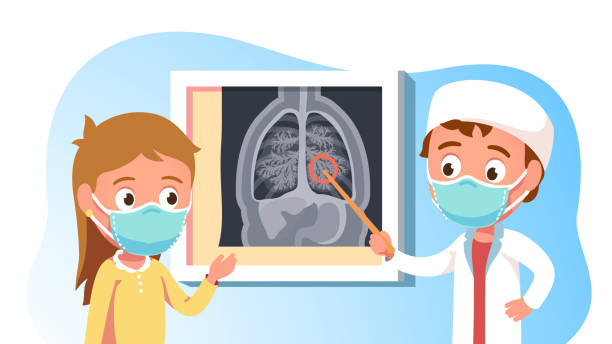 폐 ct를 보여주는 호흡기 의사는 마스크를 쓴 아이에게 스캔합니다. covid-19 코로나바이러스 폐렴 또는 암 컴퓨터 진단. 코로나 바이러스 전염병 폐 손상. 플랫 벡터 일러스트레이션 - doctor vector radiologist characters stock illustrations