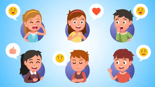 Vector illustration of Boys, girls kids gesturing expressing emotions. Happy, sad & surprised children crying, showing gestures, covering mouth, waving hand. Person facial expressions emoticons set. Flat vector illustration