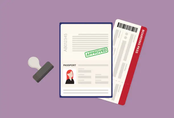 Vector illustration of Approve passport, boarding pass, and rubber stamp