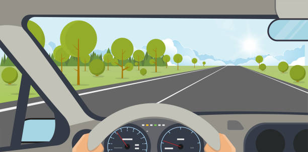 ilustrações, clipart, desenhos animados e ícones de vista interna do carro - car driving front view cartoon