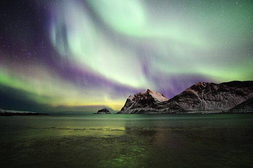 Photo of an Aurora Borealis in the Lofoten Islands in Norway.