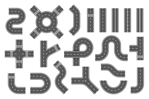 Road segments, parts set. City, town highway, route map creation kit. Way constructor with roundabout, direction, turn, crossroad, intersection elements. Vector collection isolated on white.