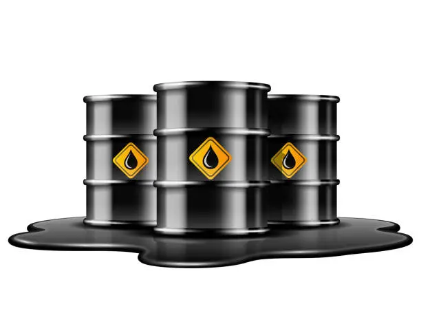 Vector illustration of Black barrels with oil drop label on spilled puddle of crude oil.