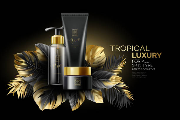 istock Design cosmetics product Adverting with Black-Golden Tropical Leaves on black background. Vector illustration 1251324842