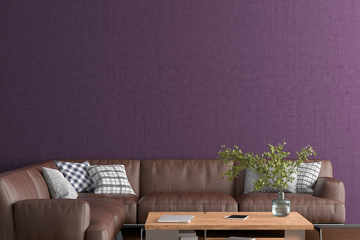 Blank purple wall mock up in the living room. 3d rendering