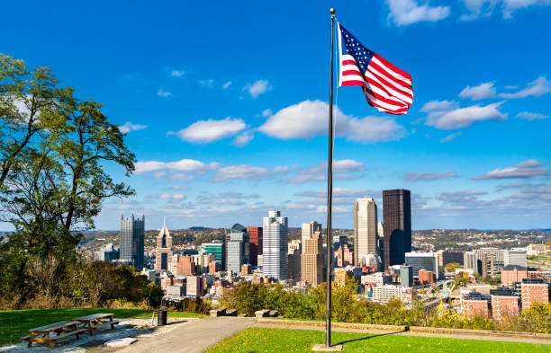 istock American flag at Emerald View Park overlooking Downtown Pittsburgh, Pennsylvania 1251324949