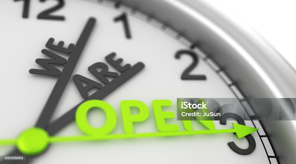 Clock face with words WE ARE OPEN. We're open again after quarantine. 3D render. New Stock Photo