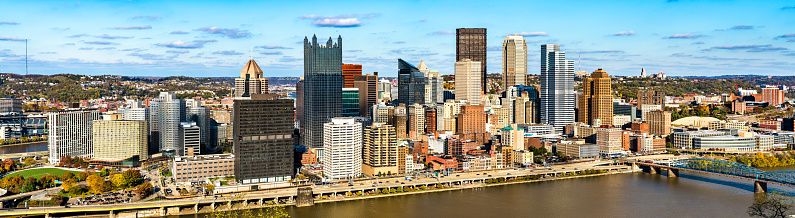 Panorama of Downtown Pittsburgh with the Monongahela River in Pennsylvania, United States