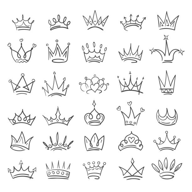 Doodle sketch crowns collection Doodle crowns. Hand drawn jewelry symbols of queen and prince, sketch elements of imperial symbolism, vector illustration tiaras isolated on white background doodle stock illustrations