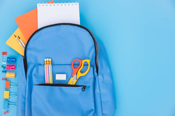 istock Top view Blue bag backpack for education children 1251326149